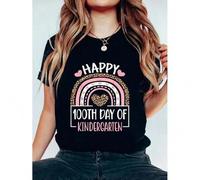 Shein Kindergarten Funny 100 Days Of School Teacher Print Round Neck Short Sleeve T-Shirt For Women Casual, Summer , Women Top Graphic Tees Women Tops