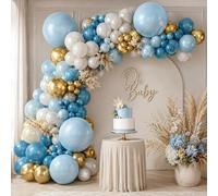 Shein Kit de arco de globos de 136 piezas azul & dorado, azul claro, blanco, dorado champán, guirnalda de globos para baby shower, fiesta de bienvenida del