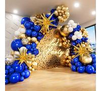 Shein Kit de arco de globos de 136 piezas en azul real y oro, con globos de lámina en forma de estrella, globos de 5, 10, 12 y 18 pulgadas en azul marino, b
