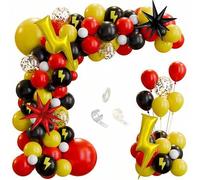 Shein Kit de arco de guirnalda de globos de látex engrosados con estampado de confeti de papel en rojo, negro y amarillo con rayos, con follaje y estrella e