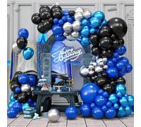 Shein Kit de arco y guirnalda de globos con diseño de flor en azul y negro, 122 piezas de globos metálicos en azul, plateado y dorado, perfecto para fiestas