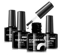 Shein Kit de inicio de esmalte de uñas en gel de 8.5ml que incluye: Top coat transparente brillante que no necesita limpieza, Base coat, Gel constructor 7 e