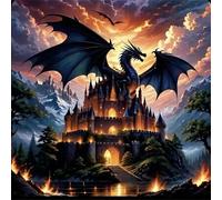 Shein Kit de pintura de diamantes 5D - Arte de diamante redondo Bordado completo, escena del castillo de dragón de fantasía, decoración de pared hecha a man