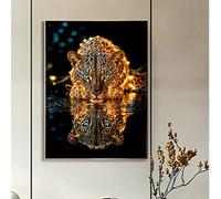Shein Kit de pintura de diamantes 5D, cuadro de arte de leopardo dorado bebiendo agua en el lago, pintura de cristal acrílico de diamante redondo completo p