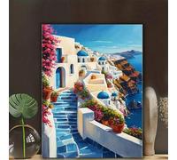 Shein Kit de pintura de diamantes 5D DIY del Mar Griego del Amor, escena completa de la isla de Santorini con casa de playa, paisaje en mosaico, arte comple