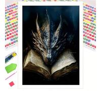 Shein Kit de pintura de diamantes 5D, patrón de arte de dragón de fantasía oscura y libro antiguo, diamante redondo completo fácil de hacer. Alivio del estr