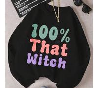 Shein La imagen principal del producto presenta un estampado con una sudadera negra con texto colorido. El texto dice "Cien por ciento bruja" en un vibrante