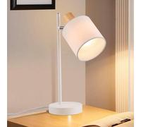 Shein Lámpara de mesa de madera, estilo retro - 35,5 cm E14, pantalla de tela blanca, con cable y enchufe, lámpara de sala de estar estilo retro, rotativa,