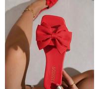 Shein LangMoon 2026 Sandalia de Deslizamiento con Punta Cuadrada Roja Vibrante, Tela Texturizada con Gran Lazo, Cojín Suave de PU Engrosado Antideslizante y