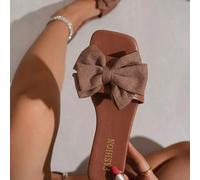 Shein LangMoon 2026 Sandalia de Deslizamiento de Una Correa con Gran Lazo, Punta Cuadrada, Tela Texturizada, Color Marrón Café Vintage Suave, Cojín de PU En