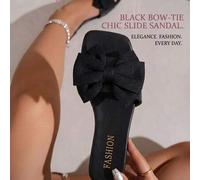 Shein LangMoon 2026 Sandalias tipo slide elegantes vintage negras de tela con punta cuadrada y gran lazo, PU suave con cojín blando, antideslizantes y liger