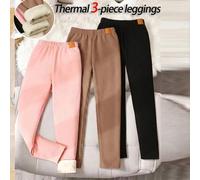 Shein Leggings para niña preadolescente otoño/invierno versátiles casuales con forro térmico grueso suave acanalado compuesto con parches de cuero PU y apli