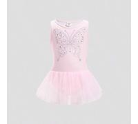 Shein Leotardo de ballet sin mangas para niña joven con lazo rosa lindo y patrón de strass, falda con patchwork de malla, diseño ajustado para evitar la exp