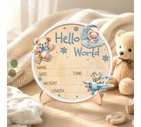 Shein Letrero de anuncio de nacimiento de bebé con oso azul, placa de nombre "Hola Mundo" con oso, para uso en hospital, regalo para nueva mamá, baby shower
