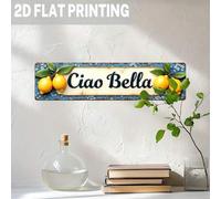 Shein Letrero de madera plano 2D estilo campestre "Ciao Bella" con limones, decoración estilo granja italiana, fondo floral azul, arte vintage, 9.98 X 39.98