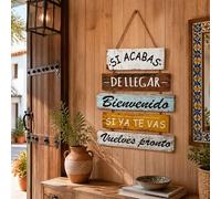 Shein Letrero decorativo de madera vintage con frase en español "Si acabas de llegar, bienvenido; si te vas, vuelve pronto", estilo de letrero con cuerda co
