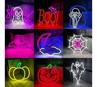 Shein Letreros de neón de Halloween, espeluznantes, murciélago BOO, cara de fantasma, calabaza Letrero de neón para decoración de pared de festival, lámpara