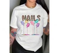 Shein Letter & Nail Polish Print Crew Neck T-Shirt, Casual Short Sleeve T-Shirt For Spring & Summer, Women's Clothing