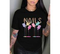 Shein Letter & Nail Polish Print Crew Neck T-Shirt, Casual Short Sleeve T-Shirt For Spring & Summer, Women's Clothing