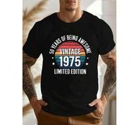 Shein Lightweight Design, Men's "50 Years of Being Awesome" Vintage 1975 Graphic Tee - Casual Crew Neck Short Sleeve, Lightweight Polyester Summer Shirt
