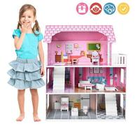Shein LILIIN casa de muñecas casa de madera villa de muñecas grande niñas tipo A/tipo B juego con muebles y accesorios casa de muñecas 3 pisos casa barby vi