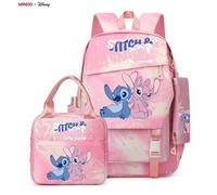 Shein Lindo set de 3 piezas de mochila, bolsa de almuerzo y estuche de lápices con diseño de Stitch y Angel de Disney en color rosa para niñas, mochila esco