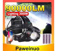 Shein Linterna frontal recargable tipo C ultra potente de 90,000 LM con luz LED profesional para pesca