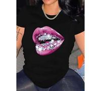 Shein Lips Graphic Print T-shirt, Short Sleeve Crew Neck Casual Top For Summer & Spring, Women's Clothing