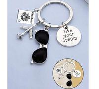 Shein Llavero con cita de piloto "Vive tu sueño", colgante con letra, avión y gafas de sol con tema de viaje, de aleación de zinc, estilo deportivo, accesor