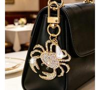 Shein Llavero con colgante de perla y cangrejo de strass, colgante de animal marino de cristal chapado en oro, llavero con forma de cangrejo brillante y lin