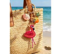 Shein Llavero de flamenco rosa con cuentas, elementos de concha, agua de coco y estrella de mar - Estilo bohemio de vacaciones. Colgante de aleación oceánic