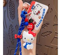 Shein Llavero de Hello Kitty de Sanrio con correa de muñeca azul y colgante de lazo rojo. Cordón resistente y diseño de personaje de dibujos animados. Perfe