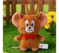 Shein Llavero de peluche de Tom y Jerry con licencia oficial: peluche marrón con orejas rosas, ojos negros y pajarita roja, bordes de glaseado blanco y boto