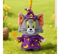 Shein Llavero de peluche de Tom y Jerry - Edición Wizard Tom, gato gris suave con túnica y sombrero de mago morado con estrellas amarillas, incluye cuerda m