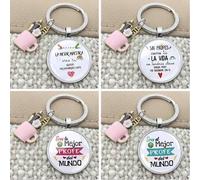 Shein Llavero de regalo del Día del Maestro de español, llavero del Festival del Maestro, llavero de cristal convexo, llavero rosa, regalo de graduación, re