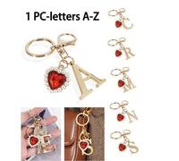 Shein Llavero elegante premium con letra dorada, colgante con corazón rojo, perla y diamante, dije de alfabeto 3D, llavero de aleación de moda, accesorio pa