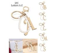 Shein Llavero elegante premium con letra dorada, incrustado de perlas, colgante de letra 3D, emparejado con una cadena de perlas graciosa (se puede desarmar