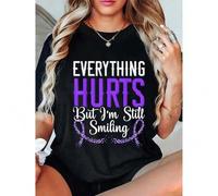 Shein Lupus Awareness "Everything Hurts But I'm Still Smiling" Graphic T-Shirt - Black Lettering & Floral Accents, Unisex Casual Short Sleeve