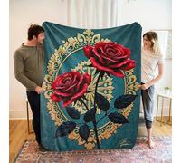 Shein Luxuriöses Flanelldeckbett mit roten Rosen und goldenem Blumenmuster - weich, atmungsaktiv 100 % Polyester, gemütliches Wurfdeckchen für die Heimdekor