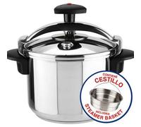 Shein Magefesa Star Recta - Edición Especial Pack Olla Express Tradicional 6L+ Cestillo + Paño de Cocina + Toma Ollas, Acero Inoxidable 18/10, Inducción ✅ E
