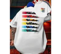 Shein Maglietta con musica delle auto di Formula Uno , T-shirt da uomo con stampa fronte-retro, alla moda, casual, girocollo, in cotone 220 g/m2 (1 pezzo)