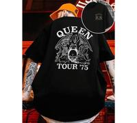 Shein Maglietta grafica Queen Band Tour , T-shirt da uomo con stampa fronte-retro, alla moda, casual, girocollo, in cotone 220 g/m2 (1 pezzo)