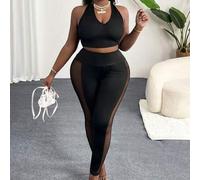 Shein Mallas largas de talla grande para mujer para deportes, uso diario casual, sexy o uso diario, color negro sólido estilizado con panel de malla de reco