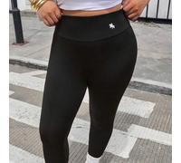 Shein Mallas versátiles para uso casual diario, fiesta y citas, de punto elástico, con logo de caballo blanco impreso, largas, negras, talla grande, 2025 Nu