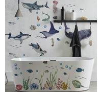 Shein Mama Look 1 pieza/2 piezas/4 piezas 30*90cm/11.81*35.43in Pegatinas de pared del mundo submarino de tiburones y ballenas para sala de estar, dormitori