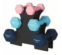 Shein Mancuernas, Juego de Mancuernas Hexagonales con Soporte - 2 x 1 kg, 2 x 2 kg, 2 x 3 kg, Acabado Vinilo, Pesas para Gimnasio en Casa, Rosa, Agua y Azul