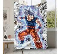 Shein Manta de franela con fondo de panel de cómic blanco Ultra Instinct Son Goku, manta de peluche con personaje de anime Dragon Ball para sofá, dormitorio