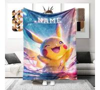 Shein Manta de franela personalizada con estampado de Pikachu y Digimon Adventure con nombre personalizado, suave y cómoda, con un diseño temático creativo,