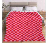 Shein Manta de lujo extra grande y suave con diseño de tablero de ajedrez - Edredón reversible para todas las estaciones con patrón a cuadros rojo y blanco,