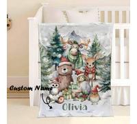 Shein Manta personalizada para guardería navideña con animales del bosque, manta de bebé navideña, regalo de Navidad, regalo personalizado para baby shower,